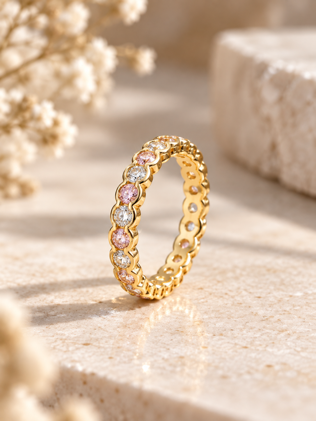 Eternity Ring mit pinken und weißen Zirkonia Steinen in Gold