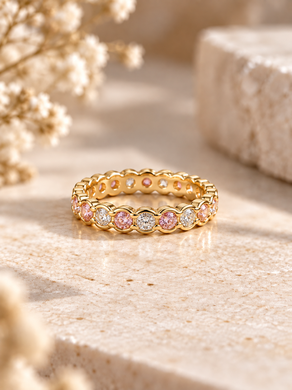 Eternity Ring mit pinken und weißen Zirkonia Steinen in Gold