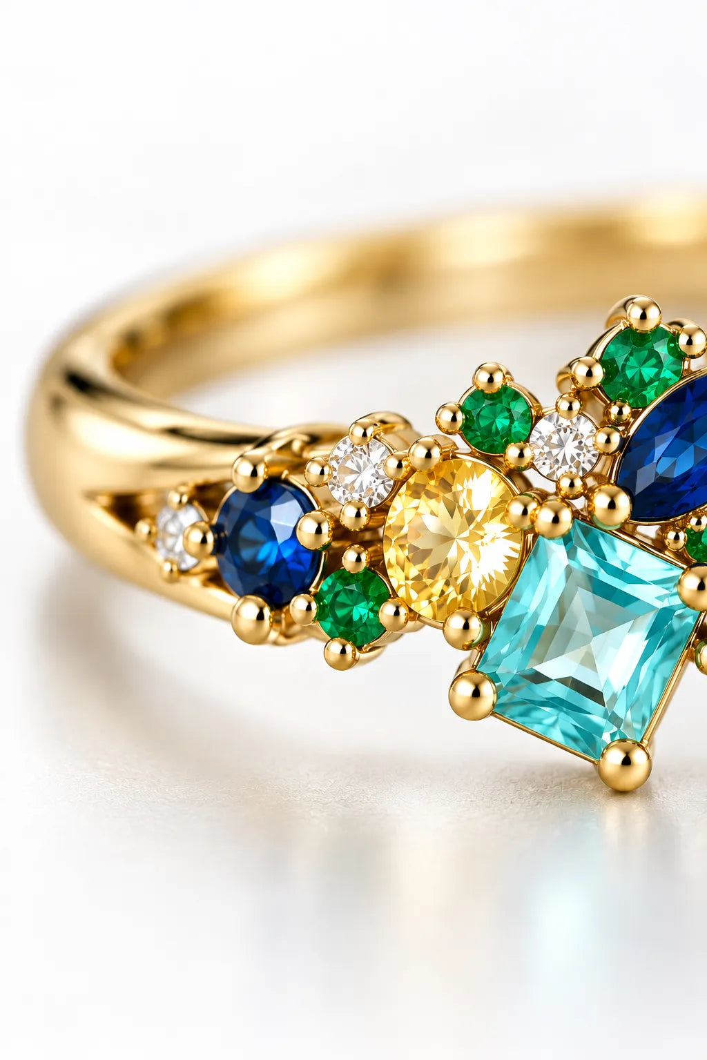 Ring in Gold mit blauen und grünen Zirkonia