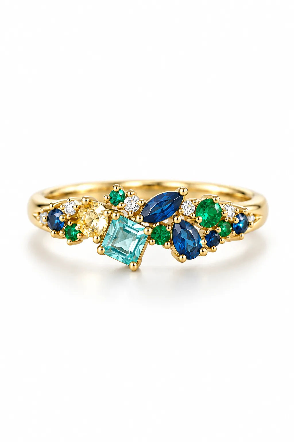Ring in Gold mit blauen und grünen Zirkonia