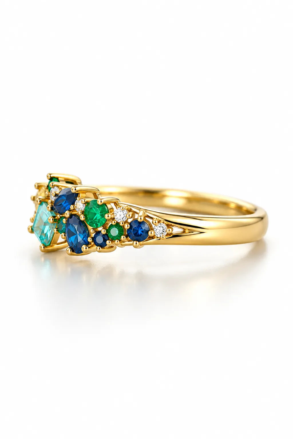 Ring in Gold mit blauen und grünen Zirkonia