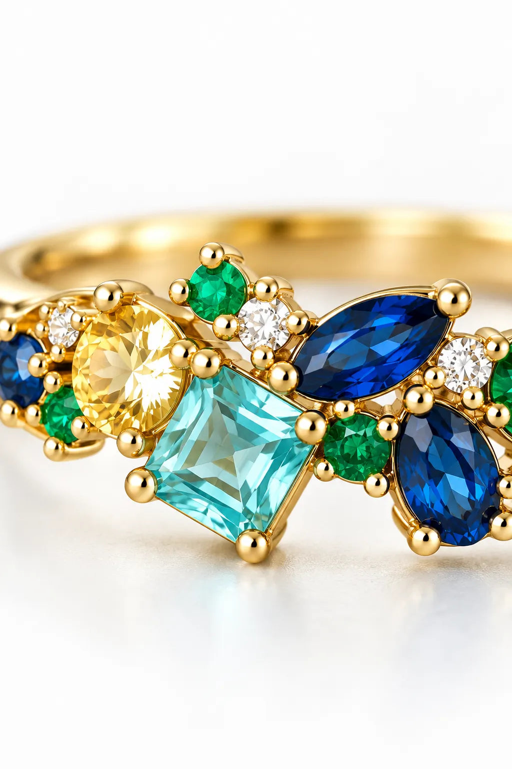 Ring in Gold mit blauen und grünen Zirkonia